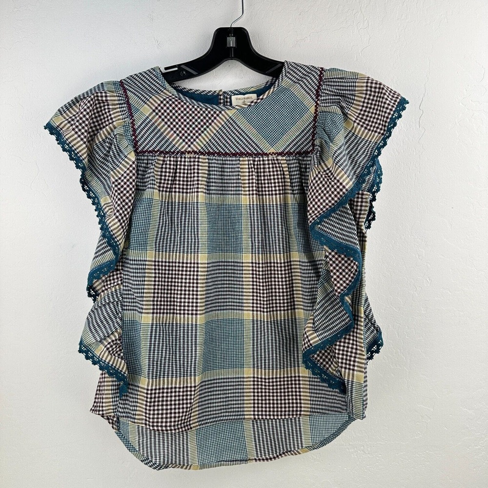 World Market Top Women Blouse S/M Pink Green Gingham Flutter Sleeve High Low NWT